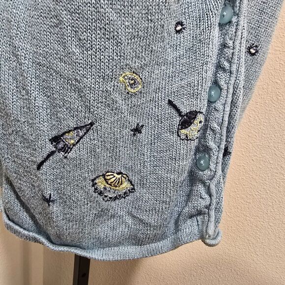 Vtg Blue Embroidered Cardigan Sweater Womens Lg Cottage Linen Blend Short Sleeve - Picture 3 of 8